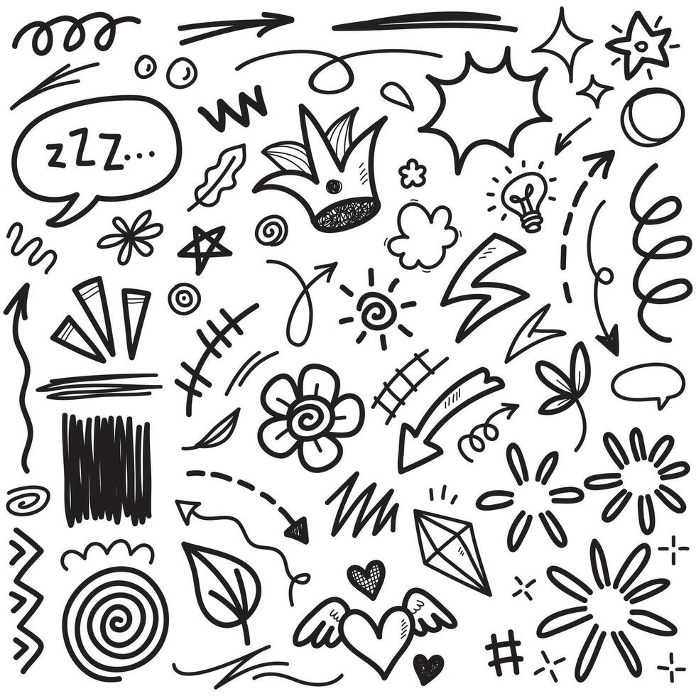 Doodle set of hand-drawn cartoony expression sign doodle, curve directional arrows, emoticon effects design elements, cartoon character emotion symbols, cute decorative brush stroke lines. vector