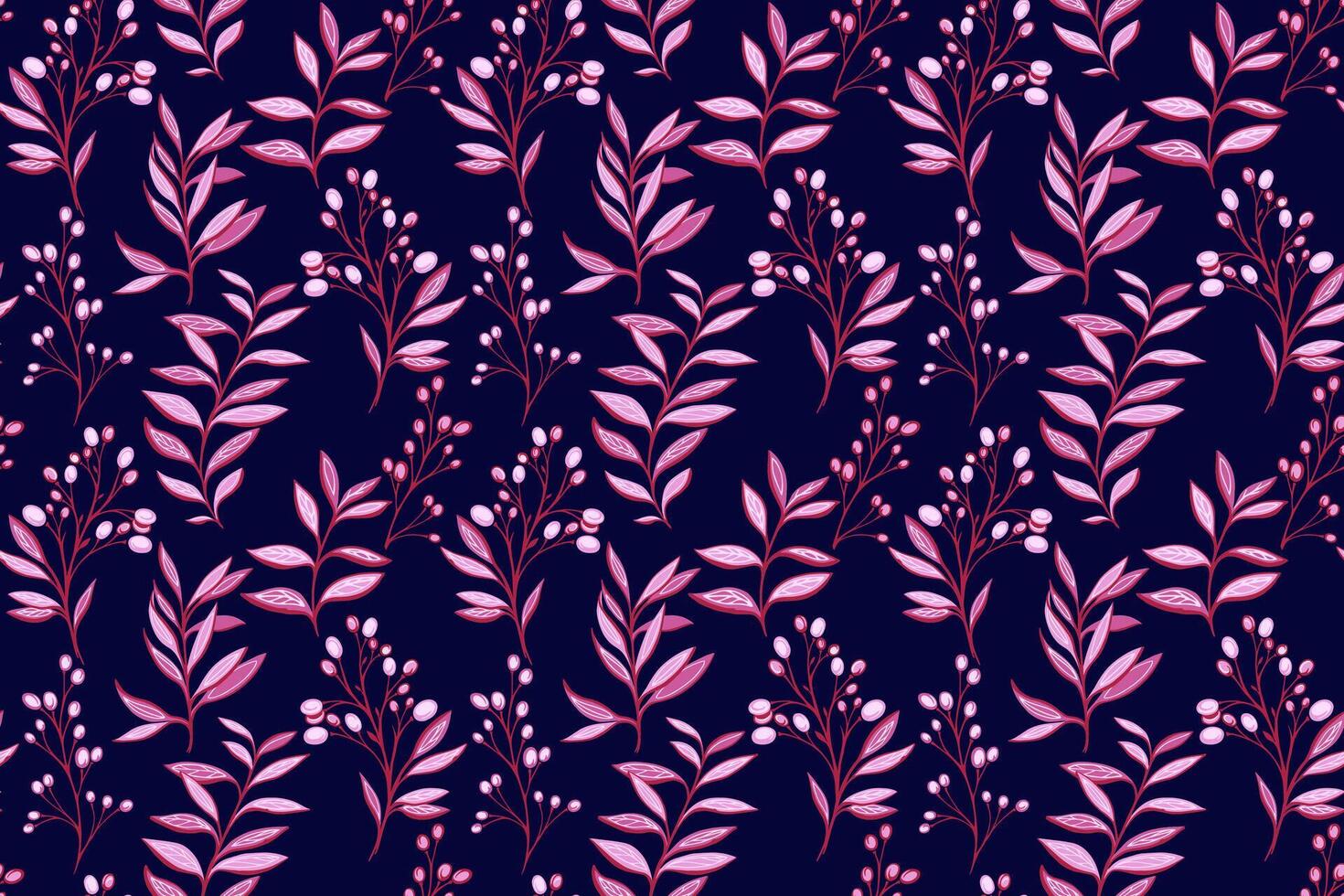 Abstract artistic unique leaf stems, shapes berries on branch. Creative burgundy plants contemporary seamless print on a dark background. hand drawing illustration. Designs for fabric vector