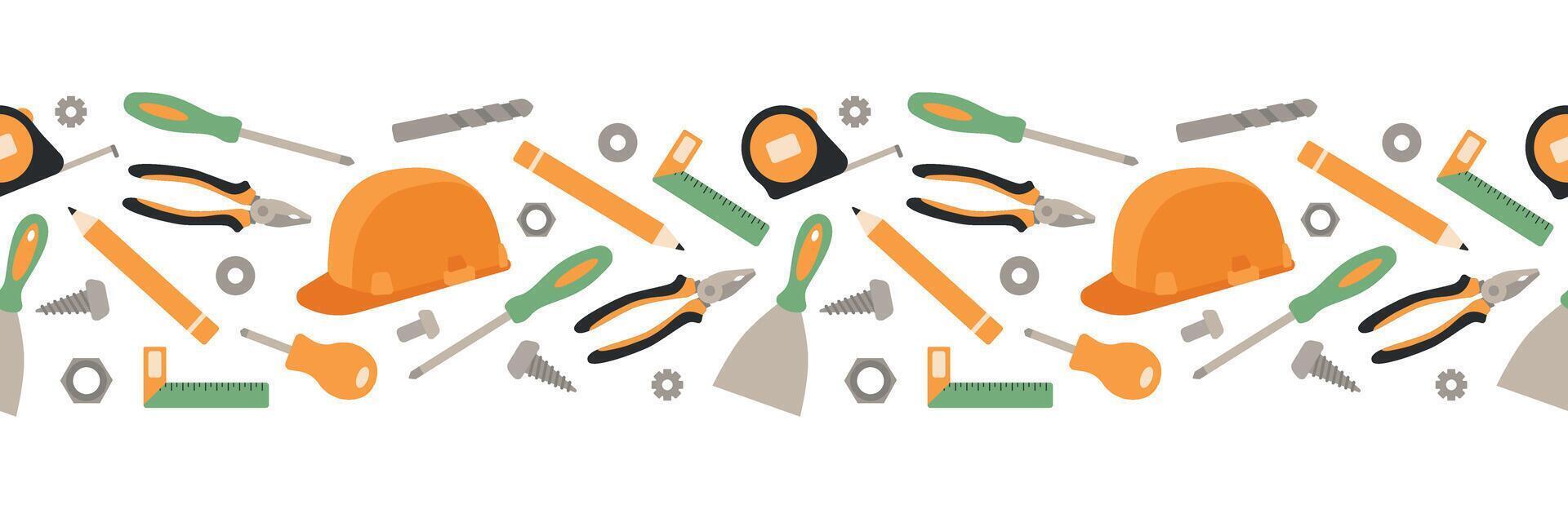 Repair tools seamless border. Labor Day set. Isolated illustration in clip art style. vector