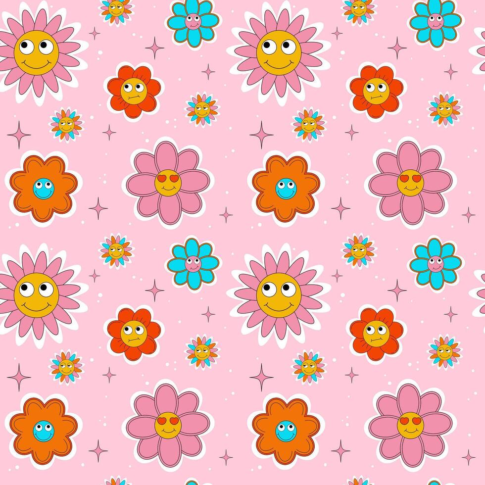 y2k elements, pink seamless pattern. Retro flowers characters. illustration, trendy cartoon style. vector