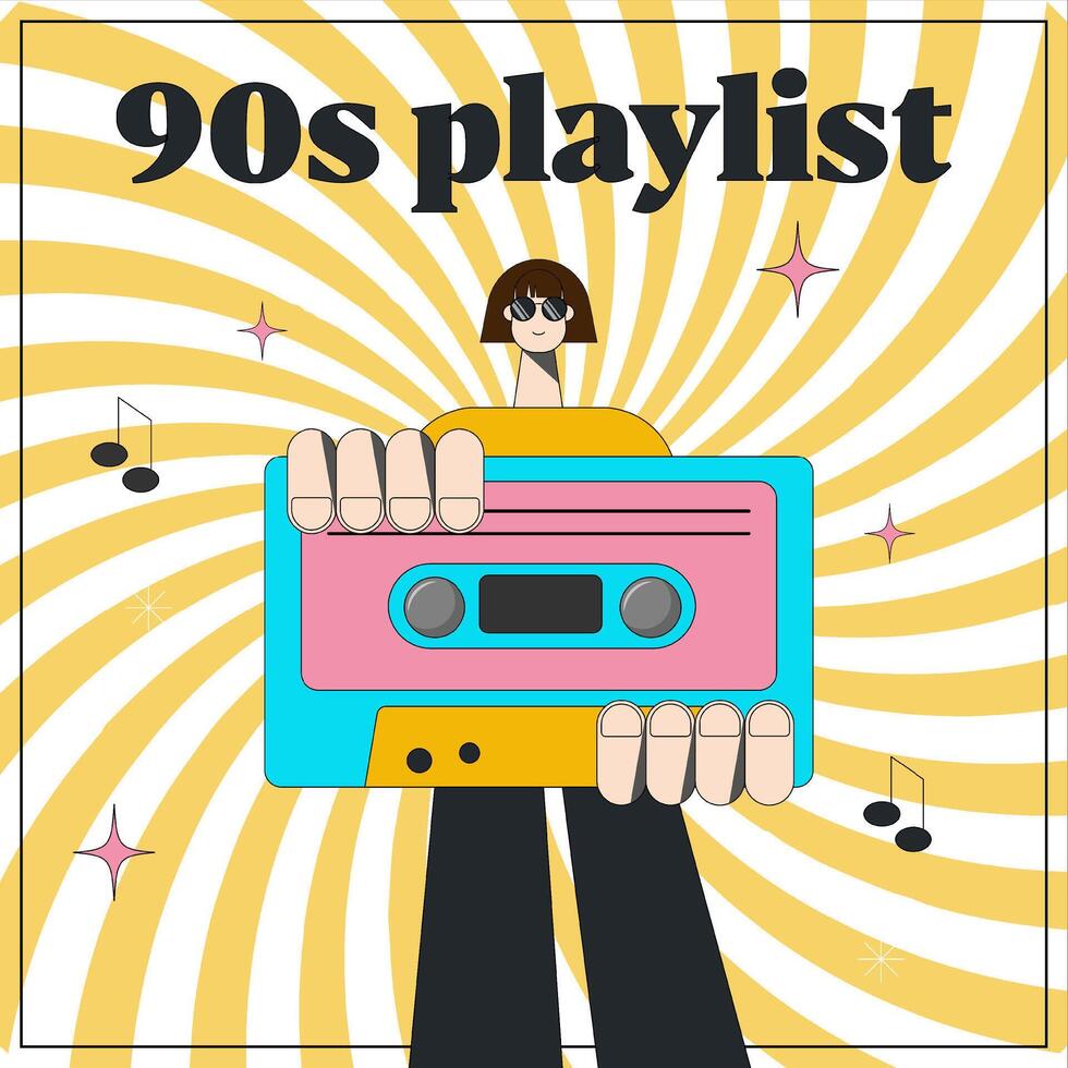 90s character, girl with a cassette tape. illustration in trendy cartoon style. Twisted retro background, music playlist cover design. vector