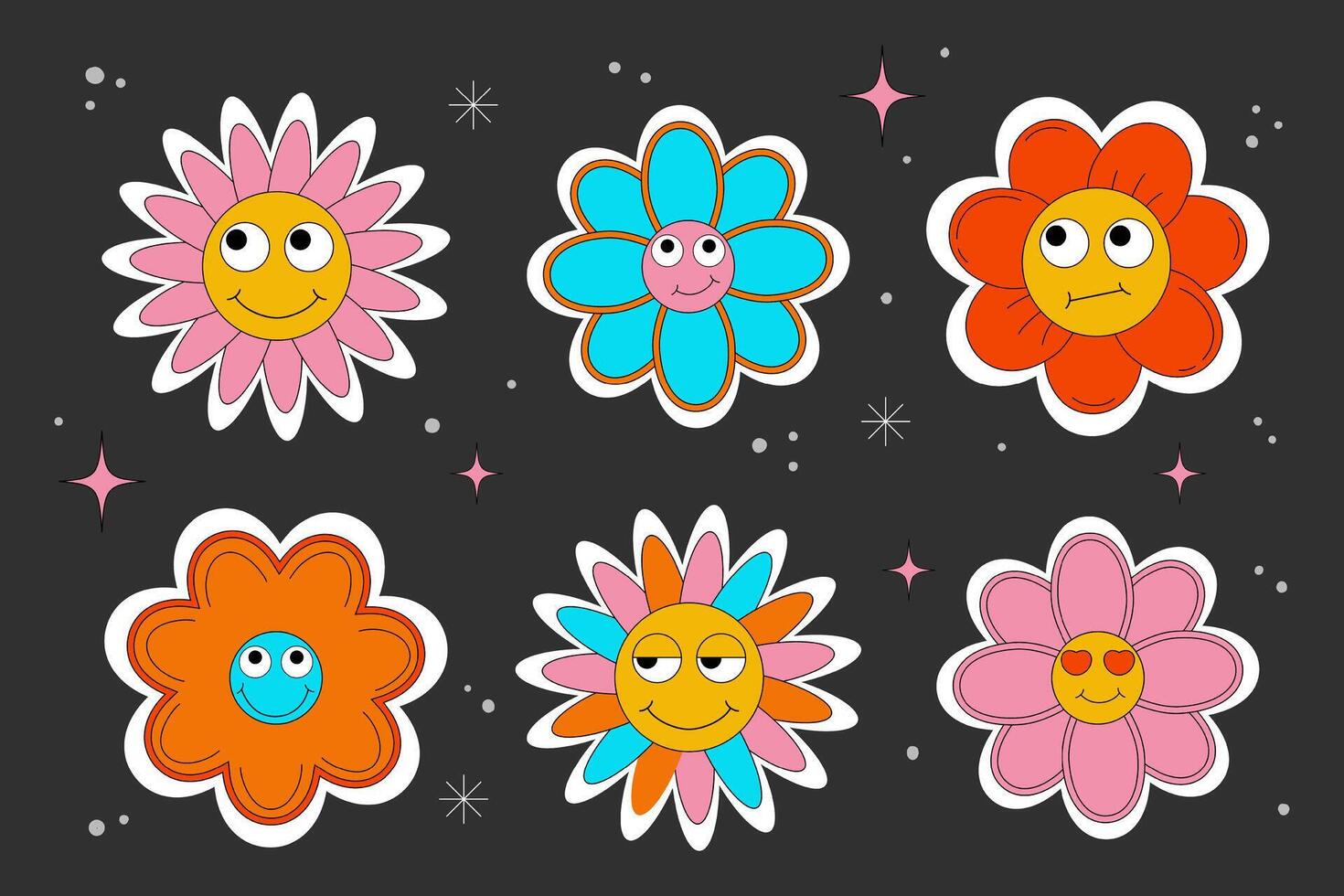 y2k character. Groovy cartoon retro flowers. Sticker pack. Comic daisy flowers with eyes on a dark background. illustration in trendy retro cartoon style. vector