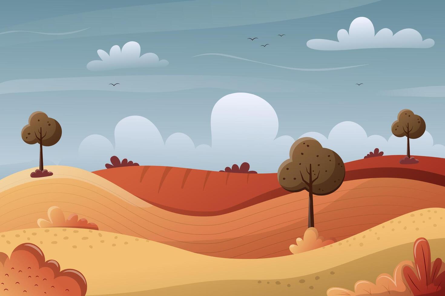 Harvest festival background. Autumn landscape. Orange field with bushes and trees. Blue sky with clouds. illustration with gradient. vector