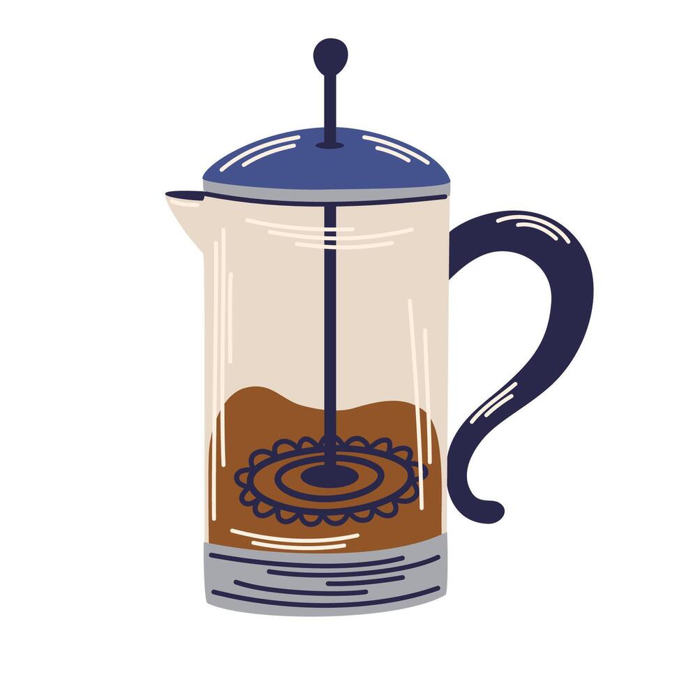 French press, glass coffee pot. Cafetiere, coffeemaker with piston. Kitchen device, frenchpress for making, brewing coffee drink, tea beverage. Flat illustration isolated on white background vector