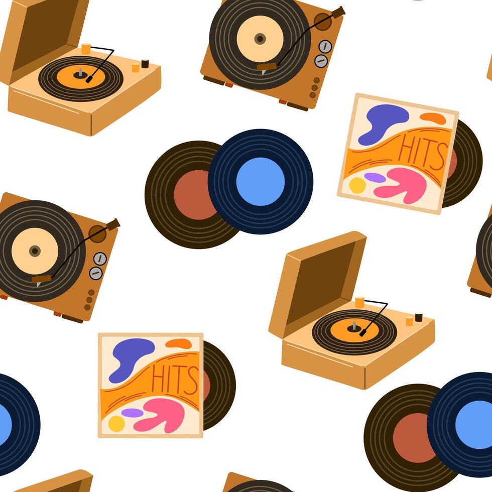 Music vinyl records pattern. Seamless retro background with gramophone discs and old turntable players. Endless texture with repeating print. Flat illustration for wrapping and decoration vector