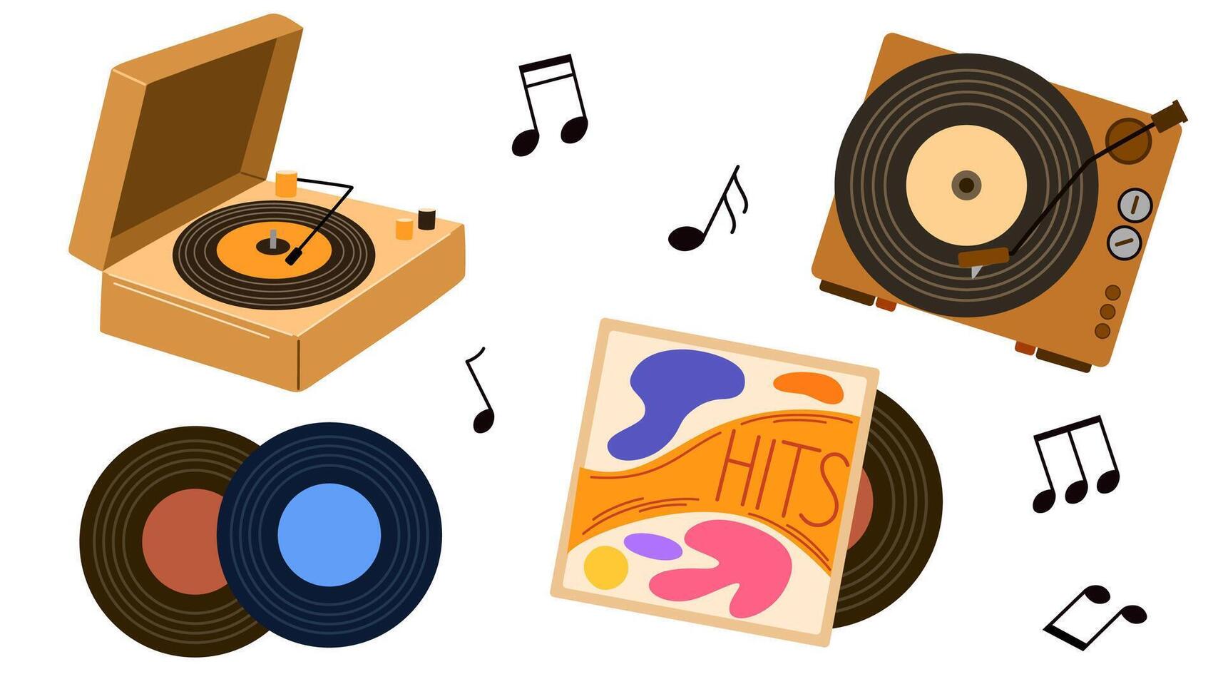 Portable turntable with vinyl LP disc. Retro music record player in suitcase of 50s. Old gramophone with analog grooved LP disc. Flat illustration of phonograph isolated on white background vector