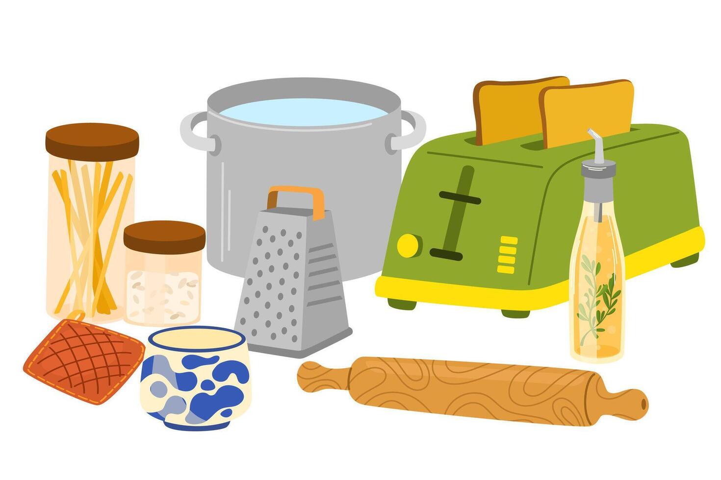 Kitchenware, cooking utensils. Cookware, household tools composition. Kitchen ware, cutlery, saucepans, board, stuff, appliances and equipment. Flat illustration isolated on white background vector