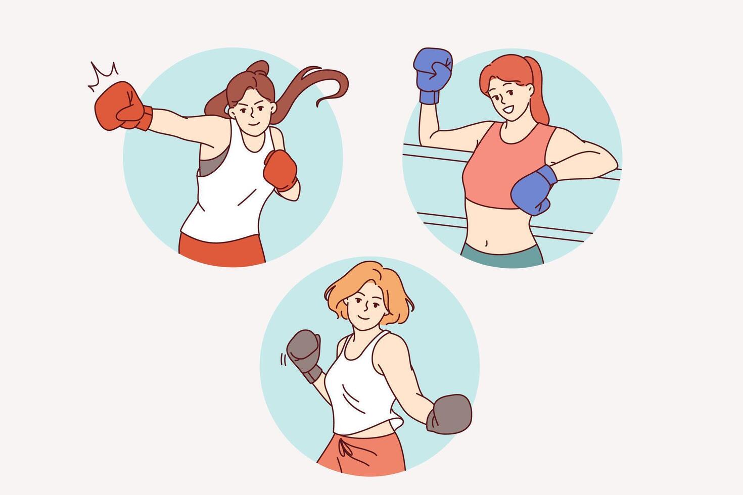 Woman boxer demonstrates ability to fight in ring and defend herself from opponents attacks vector