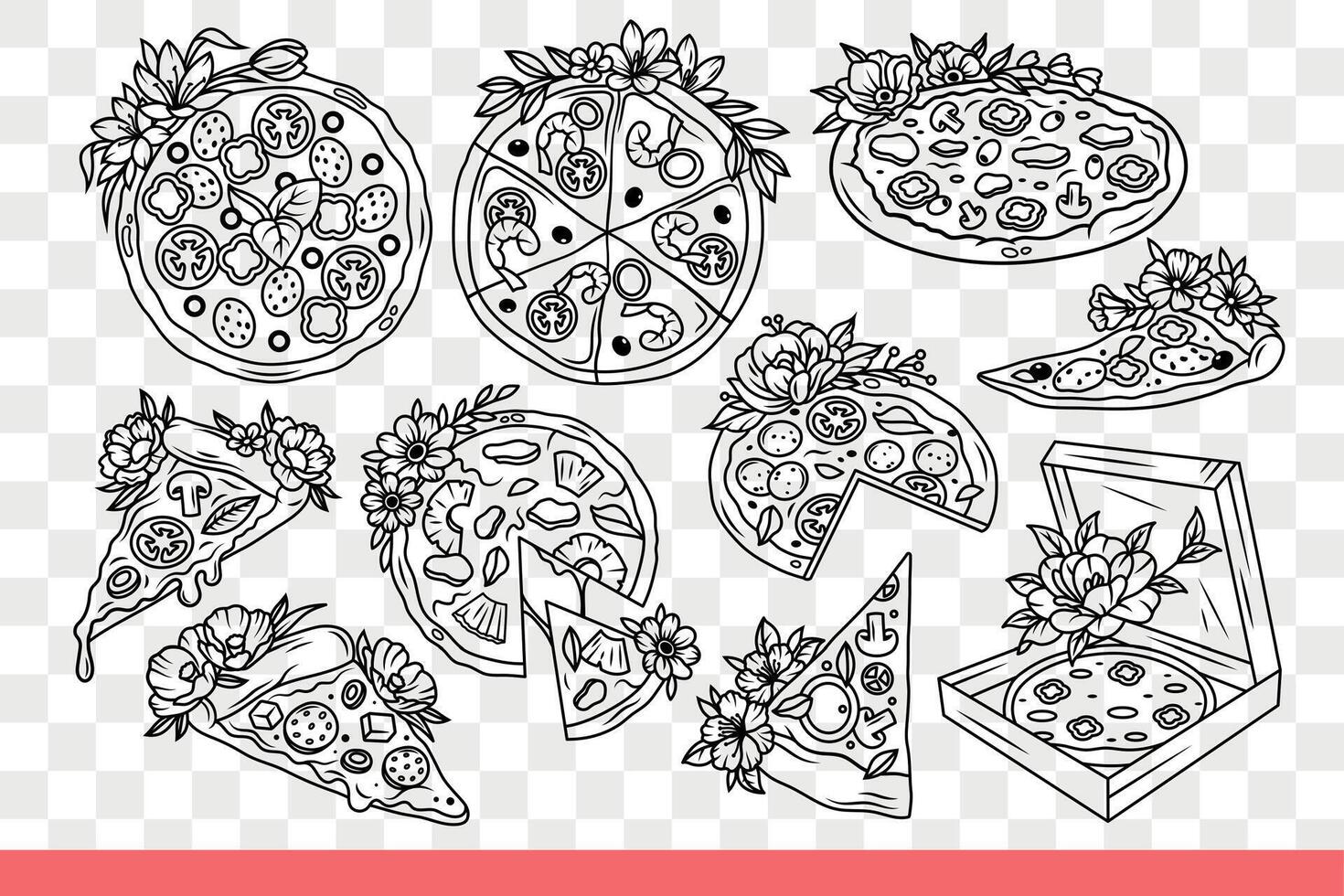 Pizza in process preparation and delivery, near chef and ingredients for recipe. Hand drawn doodle vector