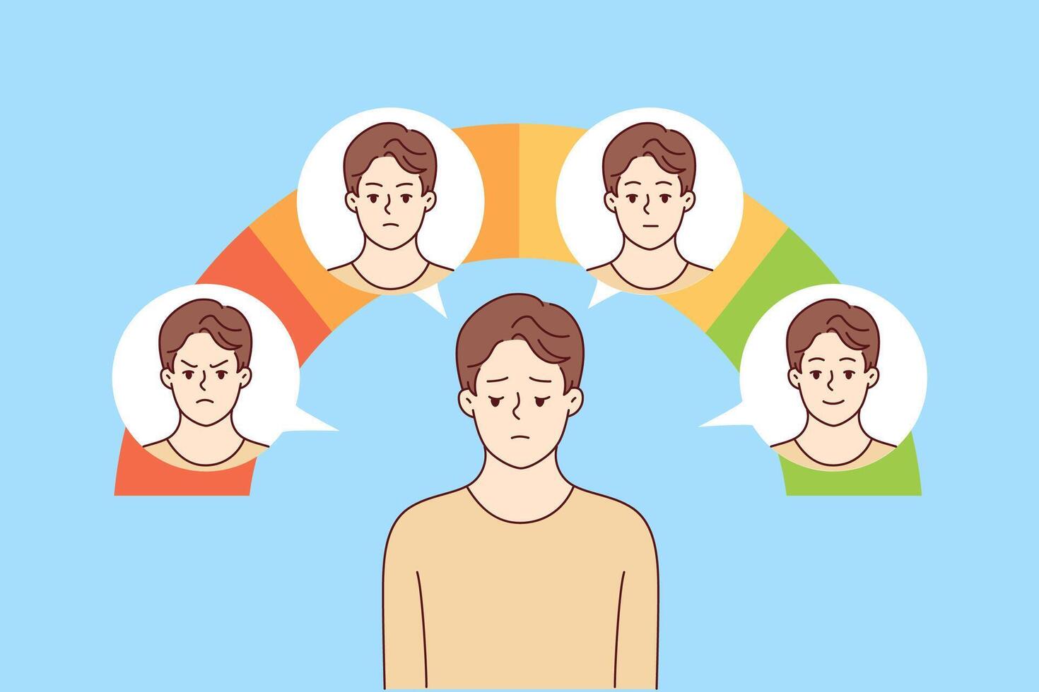 Young man with impostor syndrome feels drop in mood when standing near emotion scale. vector
