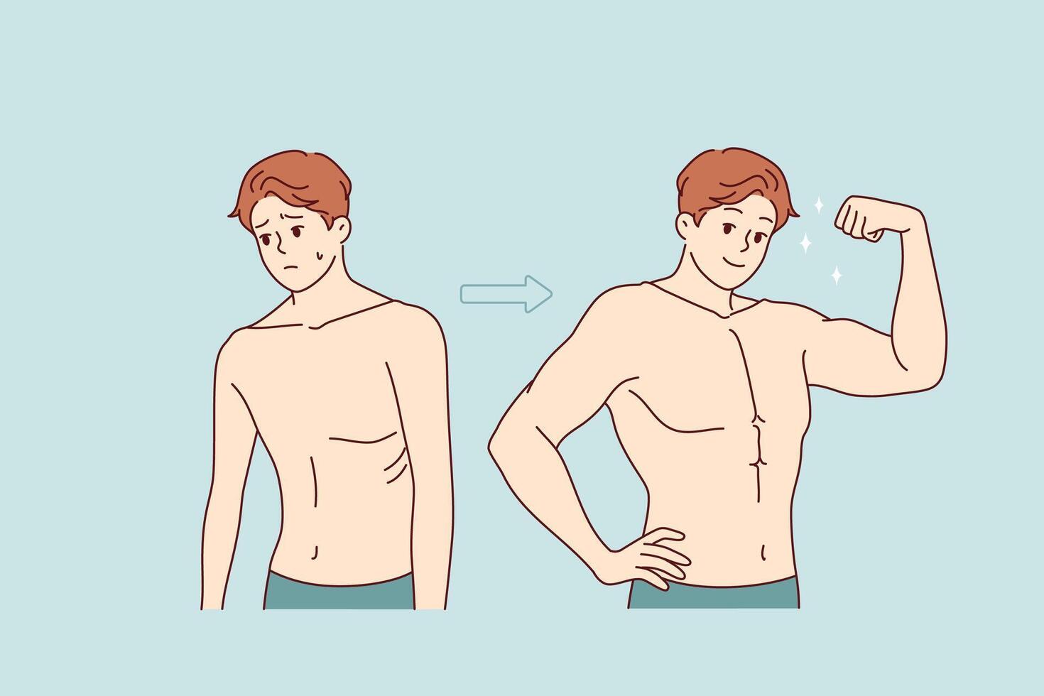 Transformation of weak man into strong one through hard training and proper nutrition vector