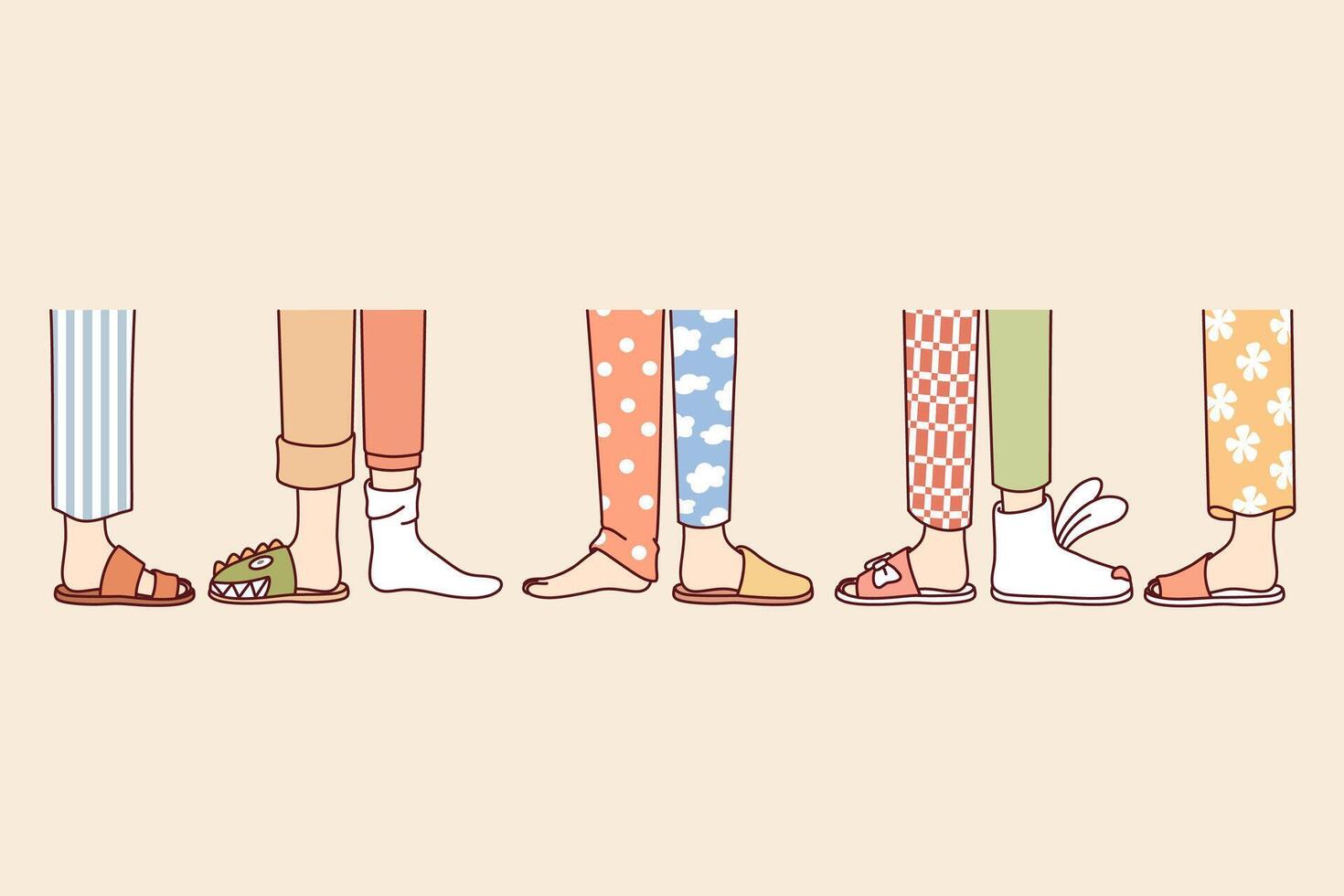 Legs of people from pajama party, in different pants and slippers, attending themed holiday vector