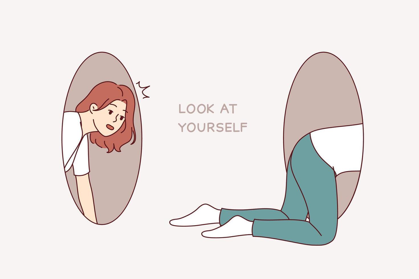 Woman looks for causes problems within personality, crawling through holes and bumping into own feet vector