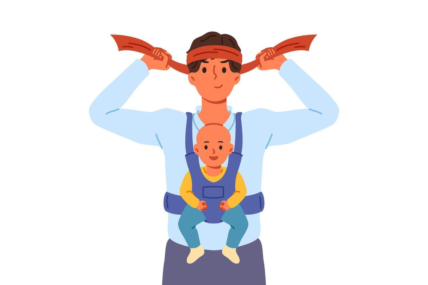 Man super father with baby in arms, tying bandage on head and preparing to raise son on own vector