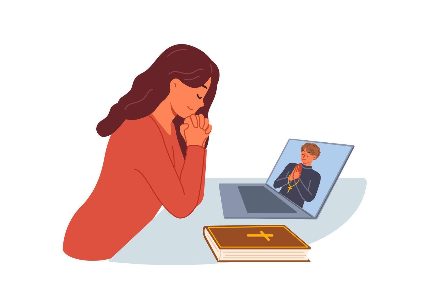 Woman prays sitting in front of laptop and watching broadcast with priest from church vector