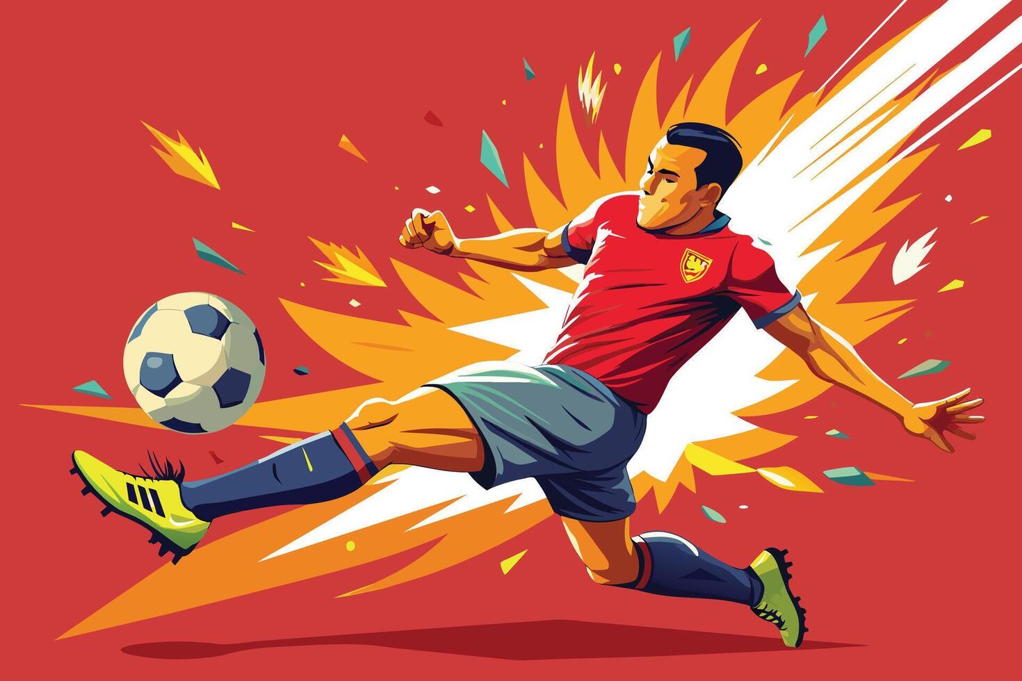 A soccer player kicking the ball with a fiery explosion in the background. vector