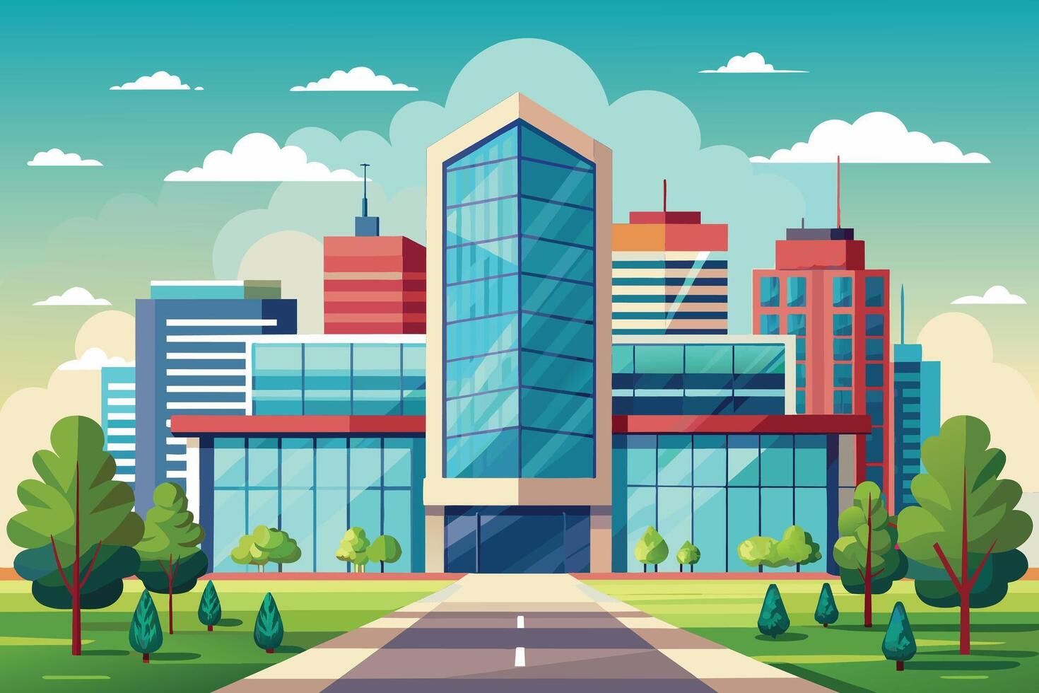 a modern city with tall buildings and trees, Modern office buildings vector