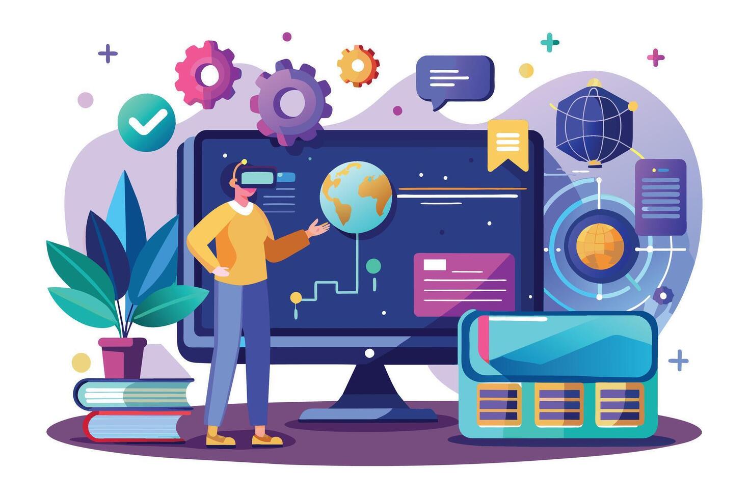 a computer screen with a planet and other objects around it, Screen mockup for a virtual reality interactive learning experience vector