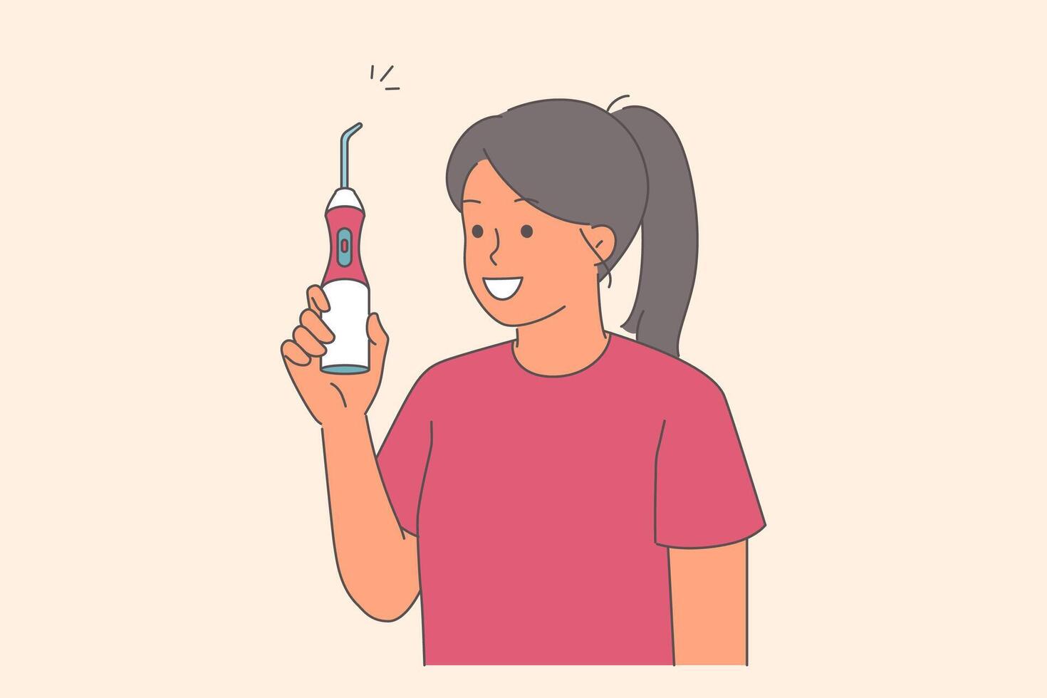Irrigator for cleaning teeth in hands of woman demonstrating snow-white smile and showing off device vector