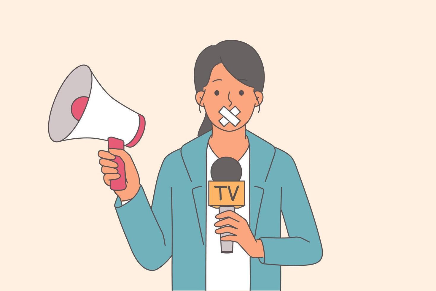 Woman TV reporter holds microphone and megaphone, but is silent because of censorship law vector