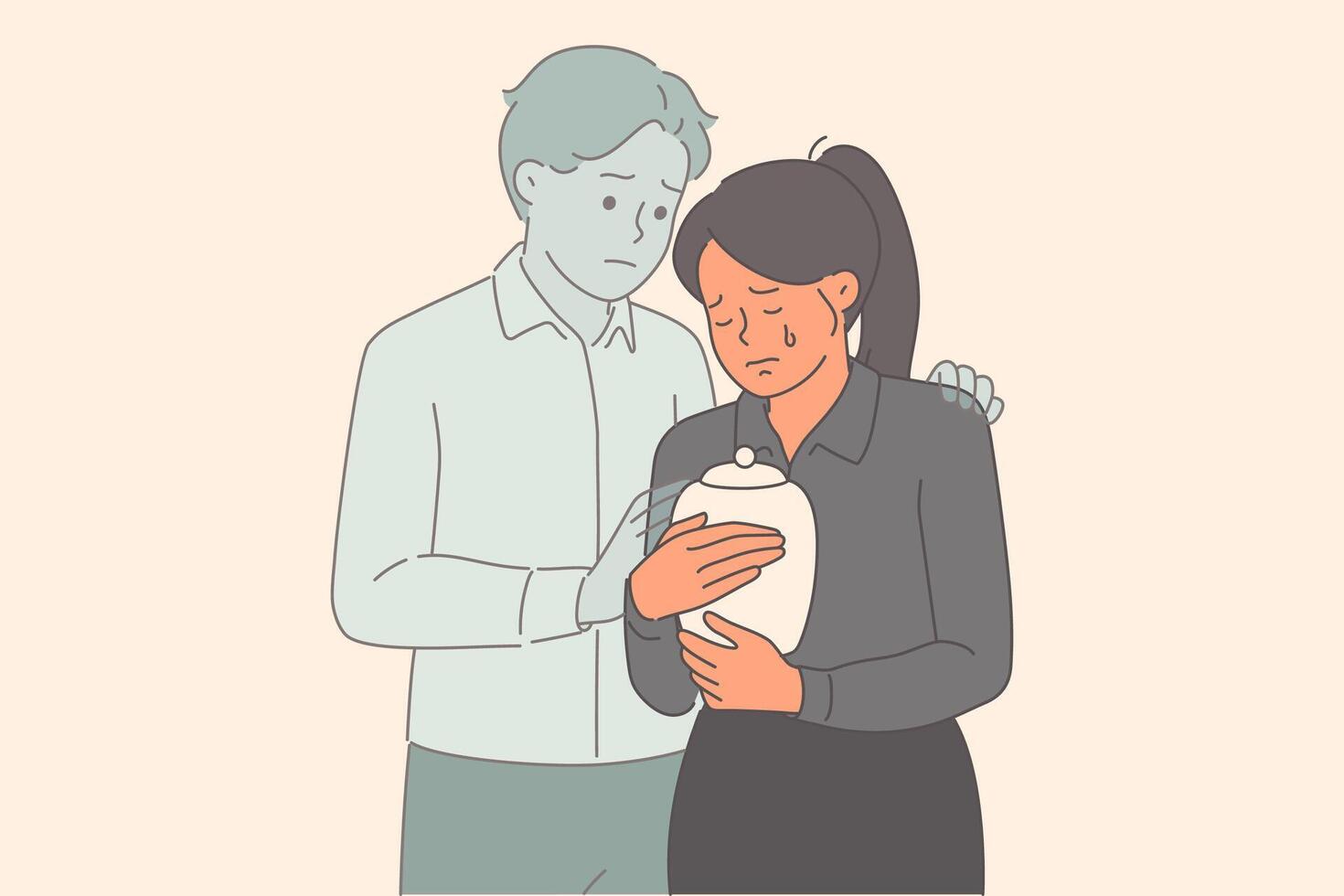 Widow woman mourns death of husband and holds urn with ashes, feeling support of deceased spouse vector
