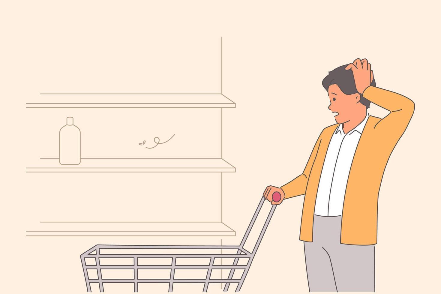 Man shopper sees shortage of goods in store and empty shelves as result of economic crisis vector