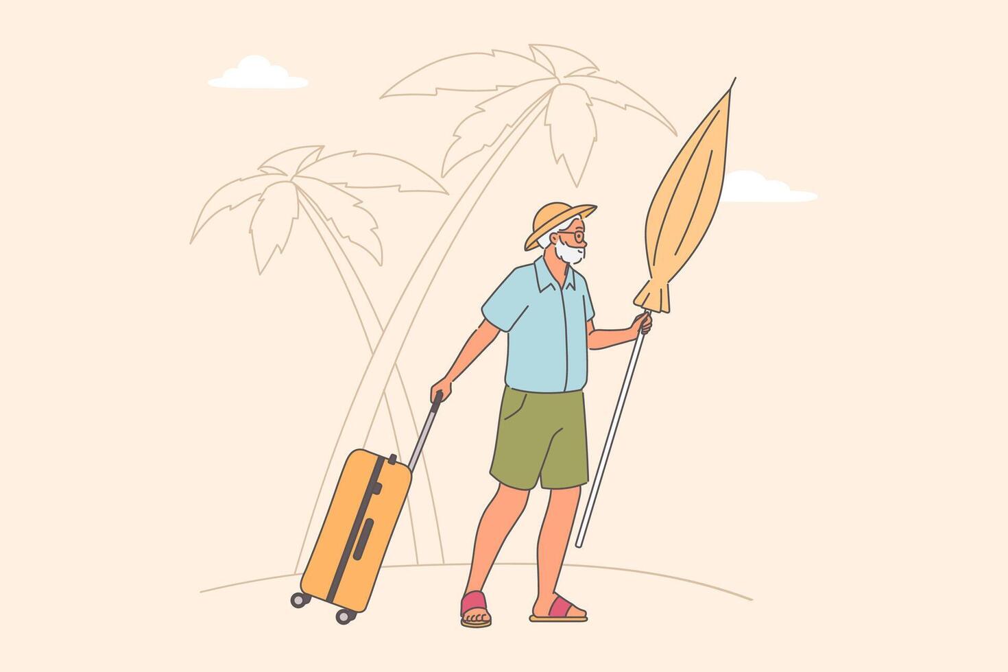 Elderly man went on trip to sea beach with suitcase on wheels and umbrella to protect from sun vector