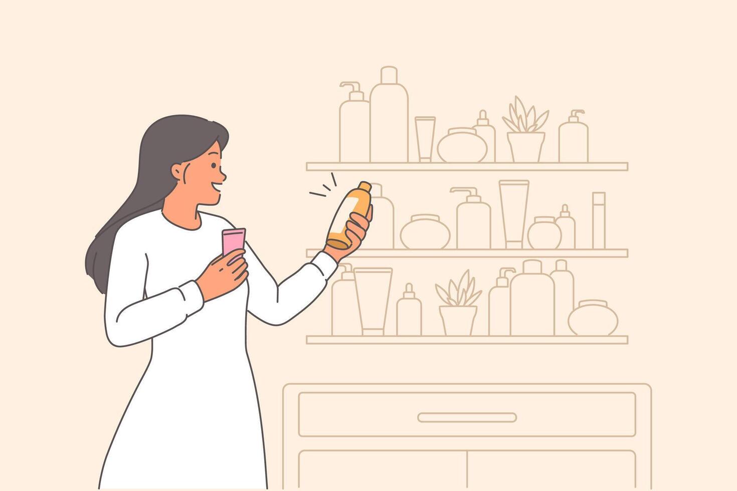 Woman chooses cosmetics for skin care while standing near shelf with creams and shampoos vector