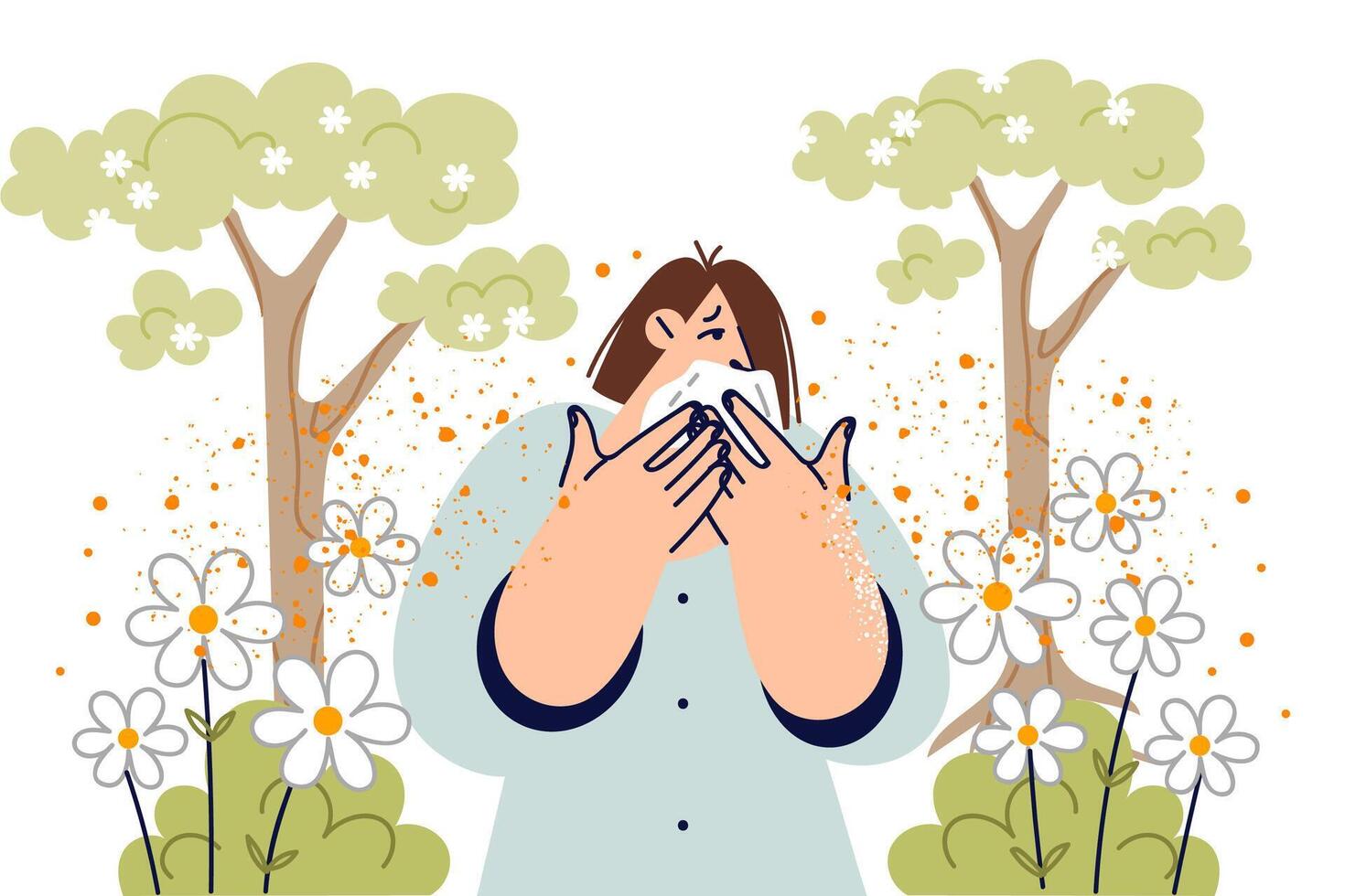 Allergy to spring flower pollen in woman using handkerchief, standing in park among trees vector