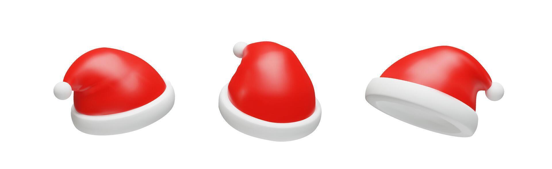 3d rendering set of Santa Claus hat. Merry Christmas and Happy New Year. Realistic collection of illustration in cartoon style. Tradition red cap of costume for December party, holiday event. vector