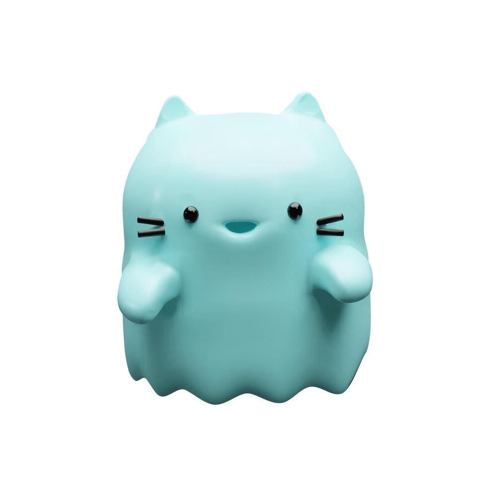 3d Halloween render cat ghost. Spook kawaii funny plastic character for October party holidays. illustration in children cartoon style. Realistic three-dimensional flying monster. Boo symbol vector