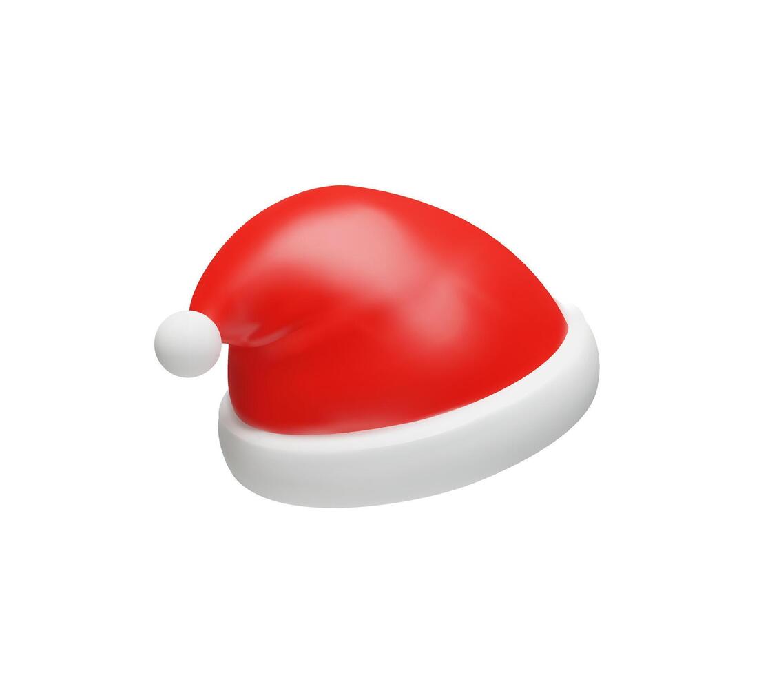 3d rendering Santa Claus hat side. Merry Christmas and Happy New Year. Realistic illustration in cartoon style. Tradition cap costume for December party, holiday event. Fur red head clothing. vector