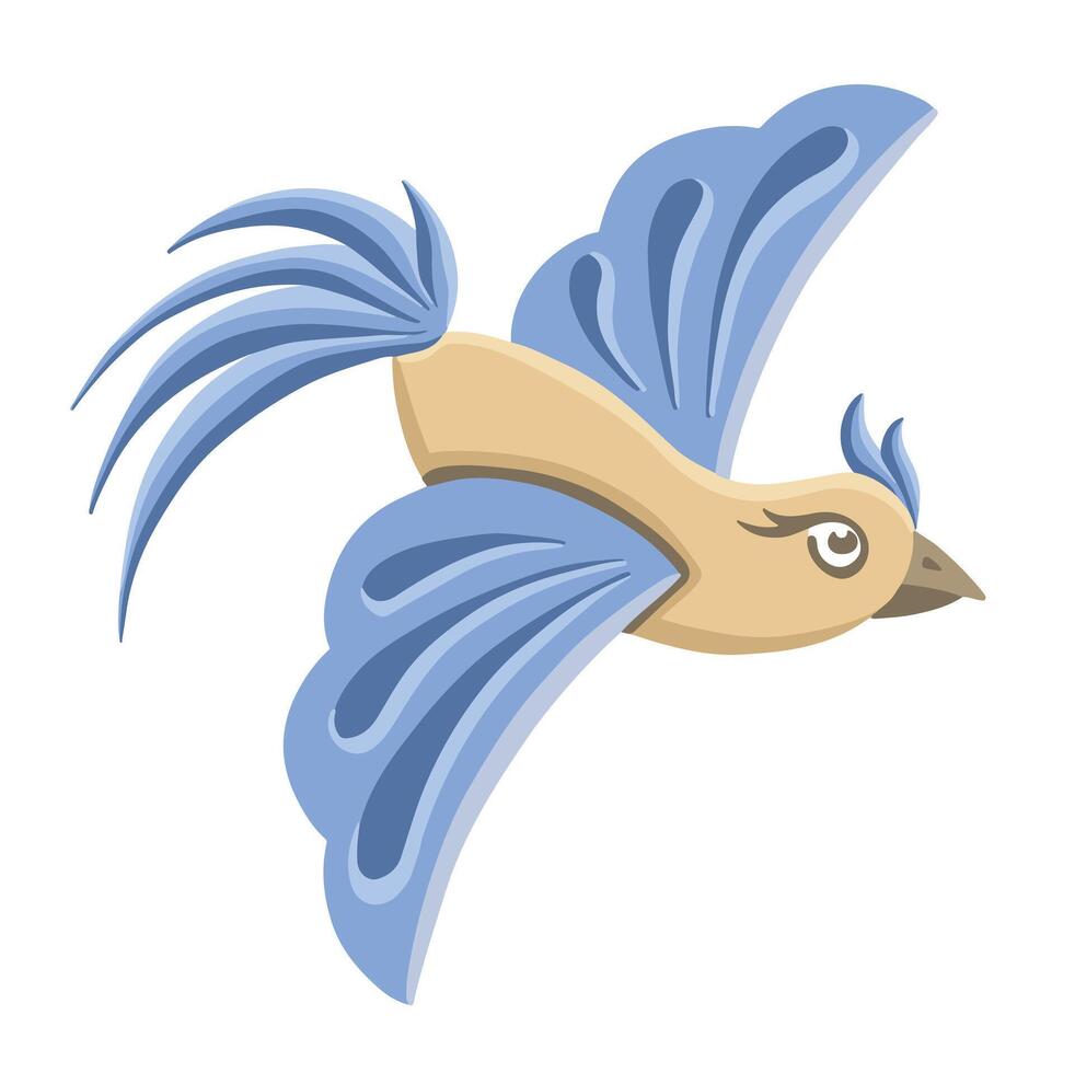 Flight blue bird with crest, hand drawn vector