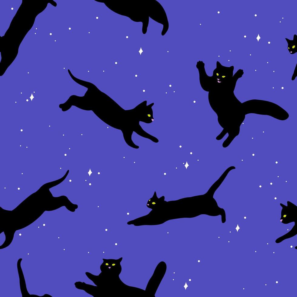 Black cats pattern. Halloween decoration background with black cats in the night sky. Seamless pattern. vector