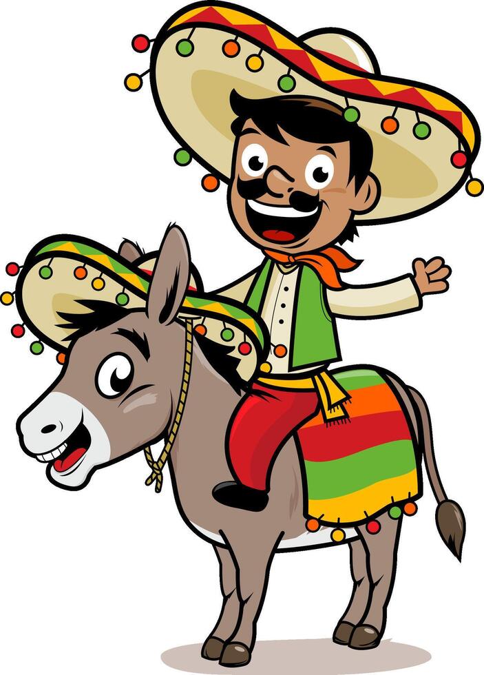 Cartoon Mexican man with a traditional costume and sombrero, riding a donkey. Cinco de Mayo party celebration. vector