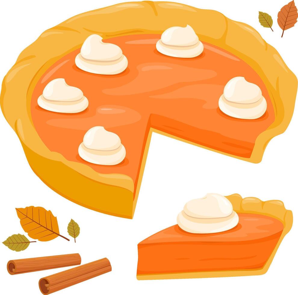 Thanksgiving dinner and holiday pumpkin pie dessert. Pumpkin pie and piece of pumpkin pie with whipped cream. Autumn season baked sweet pumpkin pie. vector