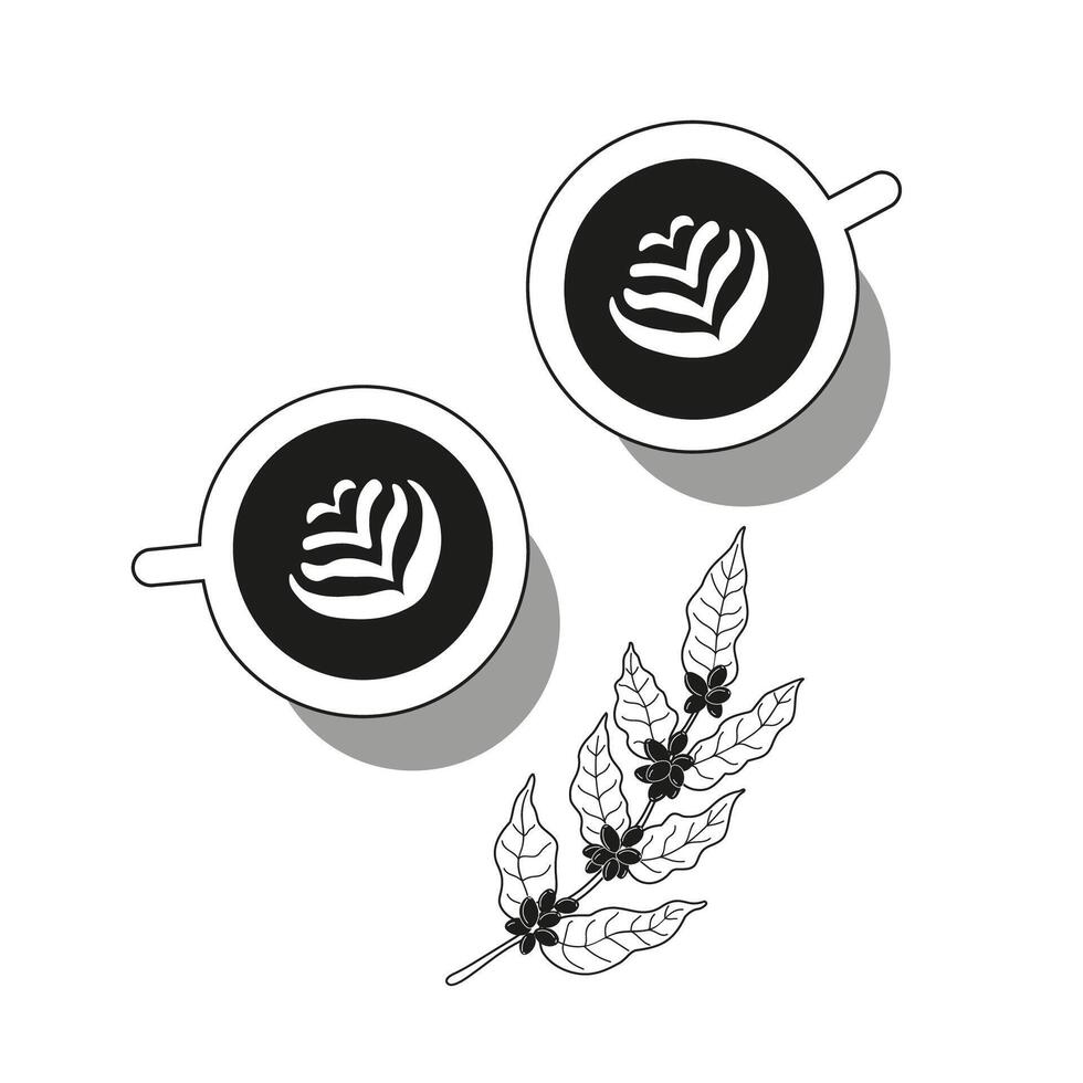 Simple silhouette of two cappuccino coffee cups with coffee branch. Design for cafe, logo, card, menu, wrapping. The images are created without the use of any artificial intelligence software vector