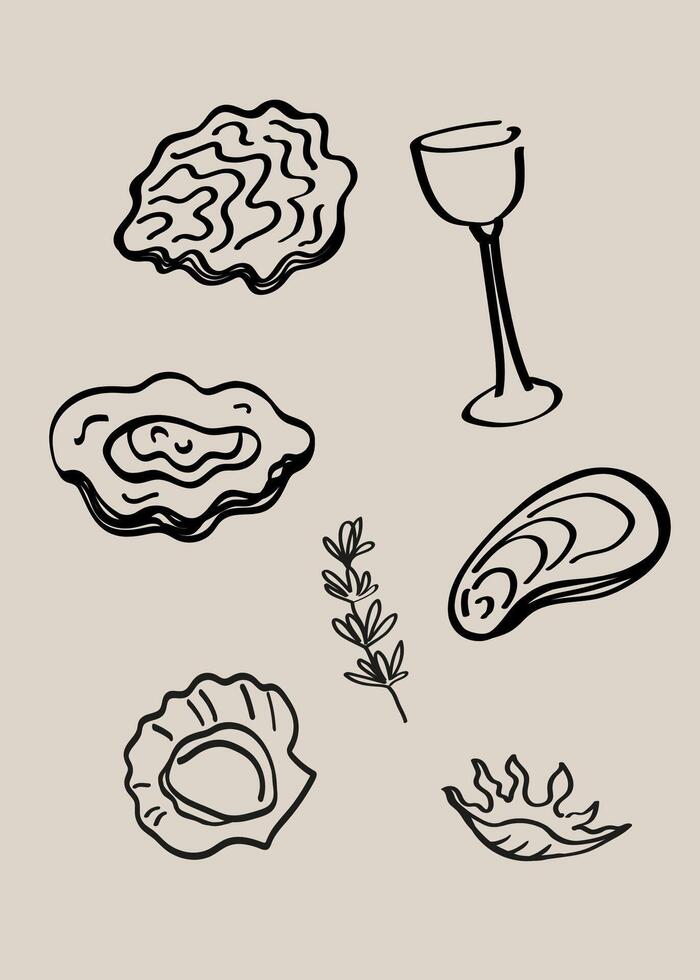 Modern seafood poster. Hand drawn doodle with clams, oysters, mussels, glass of wine, rosemary. For card, menu, print. The image created without the use of any artificial intelligence software vector