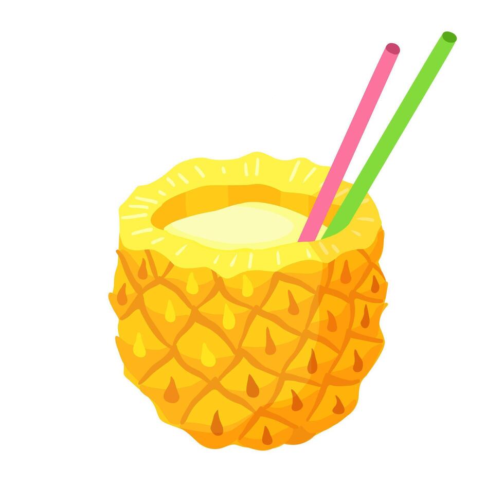 Fresh exotic summer cocktail in pineapple. Pina colada cocktail drink in tropical fruit. illustration vector