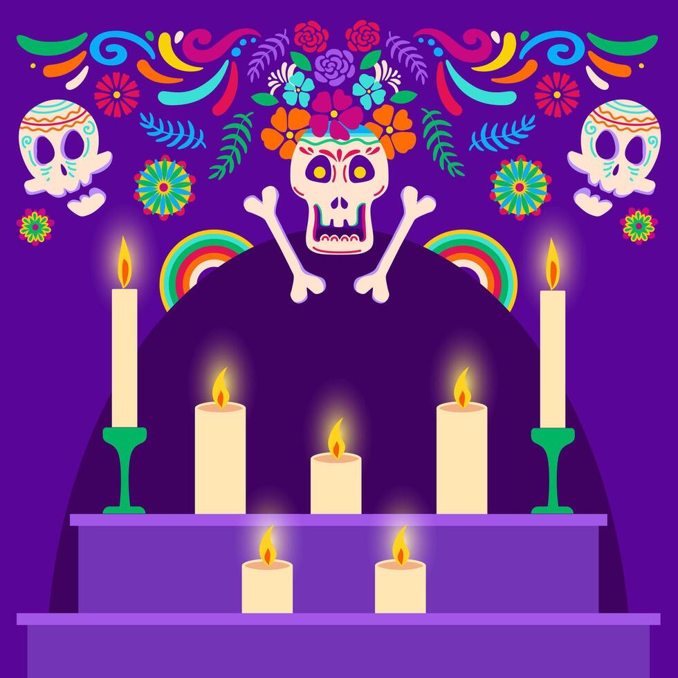 Dia de los muertos square post background for Social media. private altars in honor of the deceased. Mexican Halloween tradition festival. Day of dead sugar skull and candles. flat illustration vector