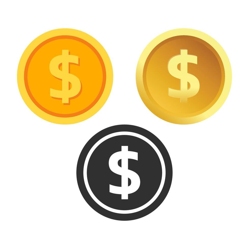Gold coin of one dollar. Isolated, flat, golden money. vector