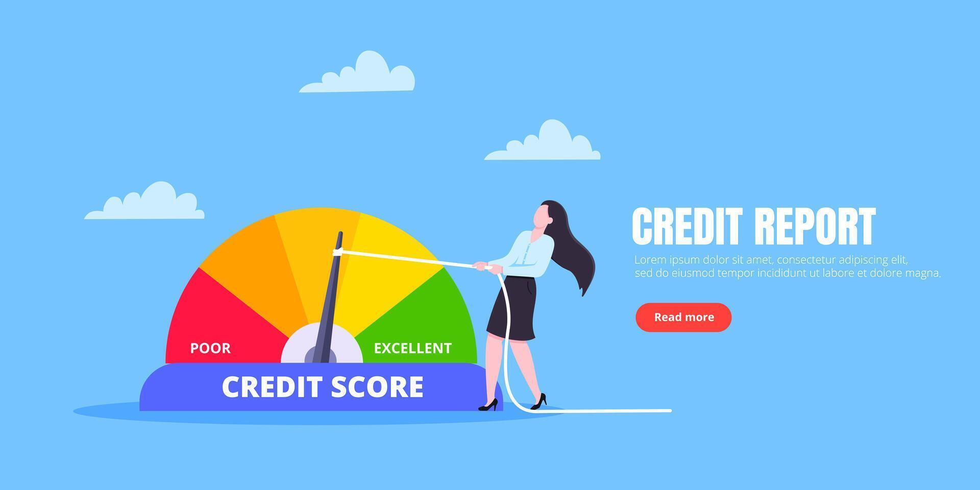 Woman pushes credit score arrow gauge speedometer indicator with color levels. vector