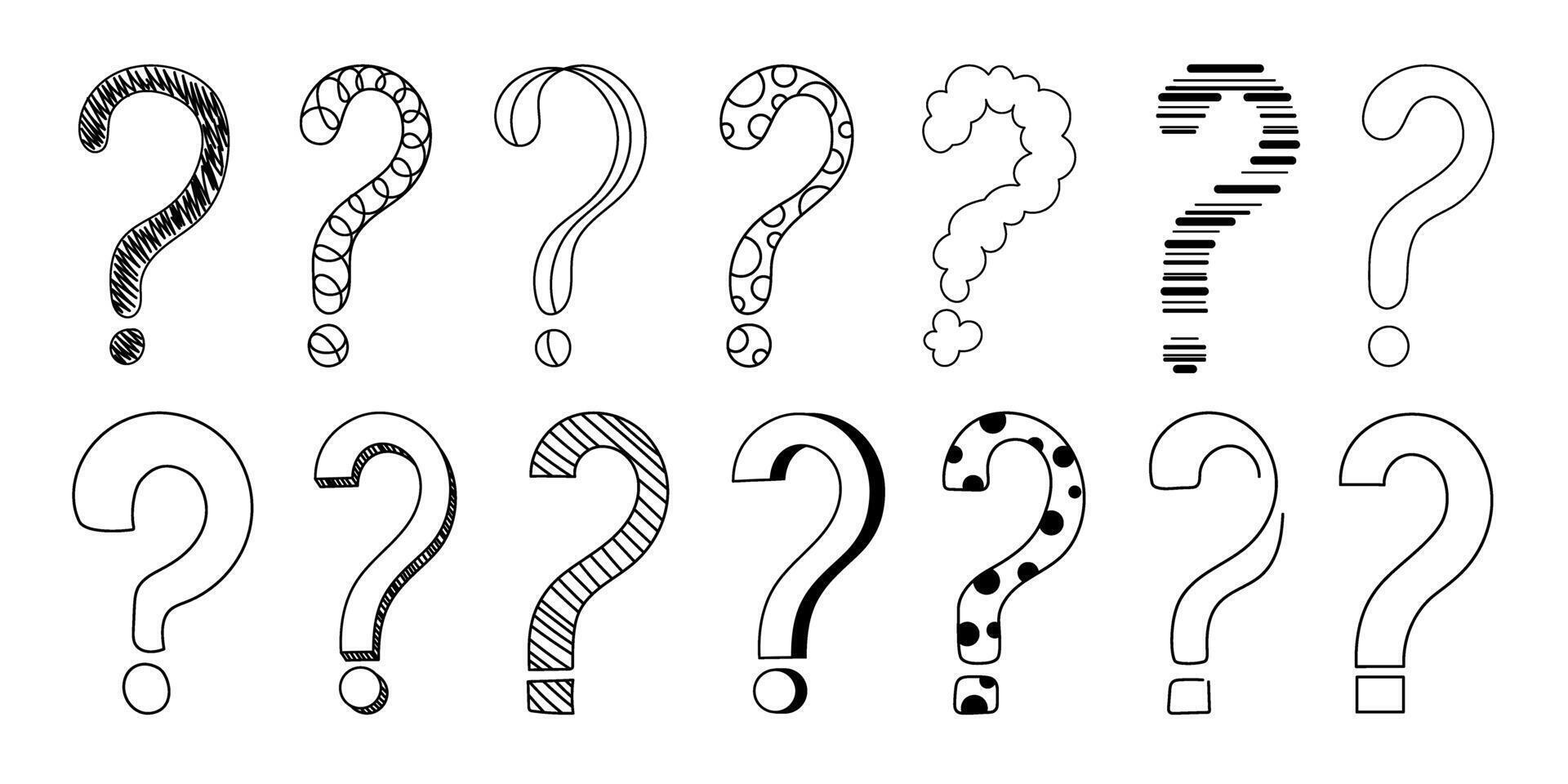 Doodle question mark hand drawn sketch illustration set isolated on white background. vector