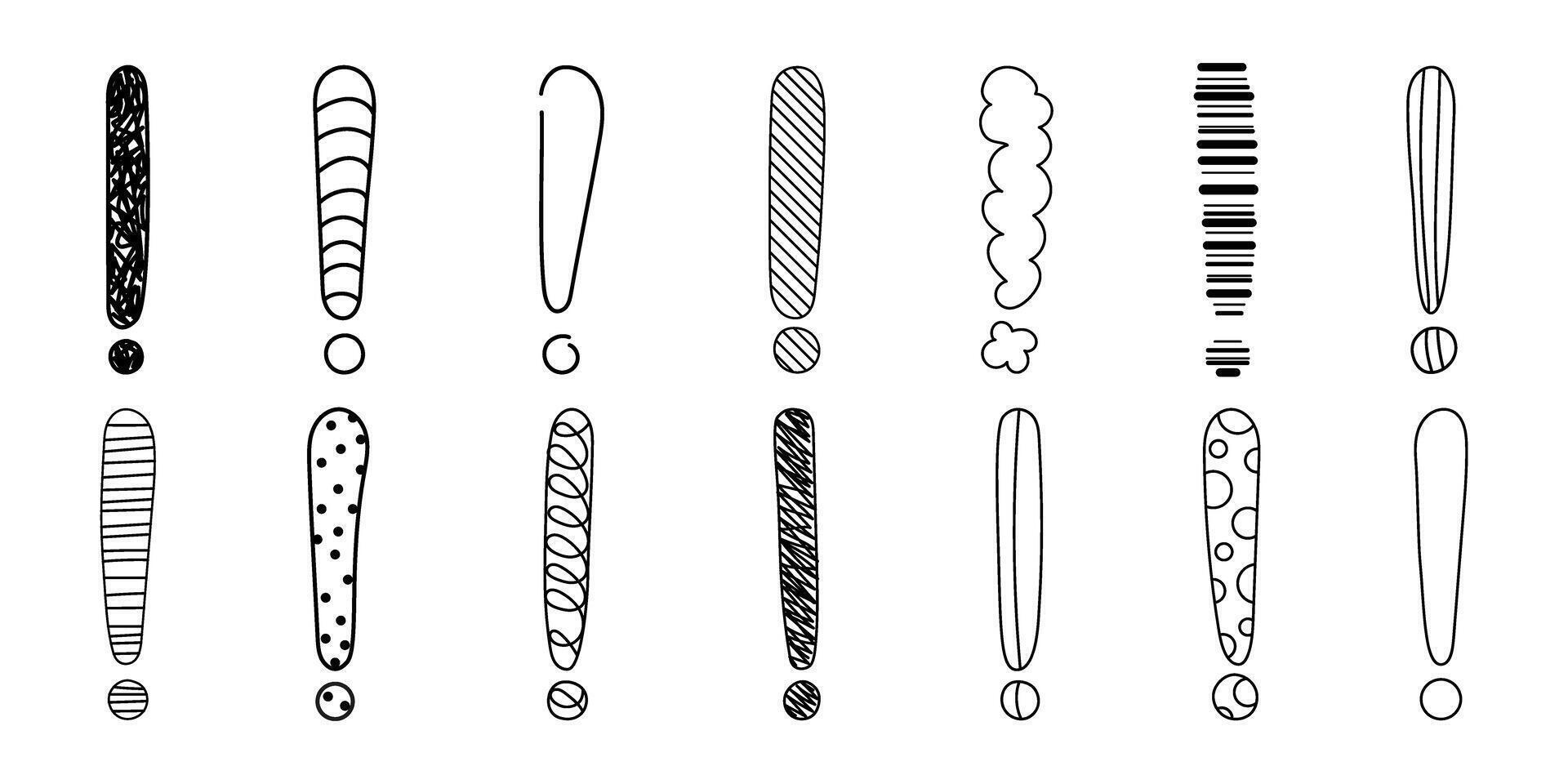 Doodle exclamation mark hand drawn sketch illustration set isolated on white background. vector