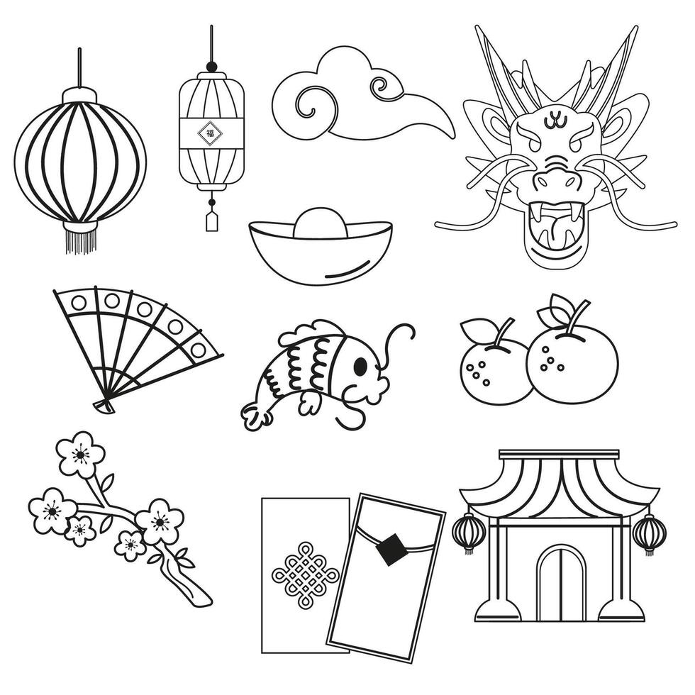 Elements outline for chinese new year festival flat vector