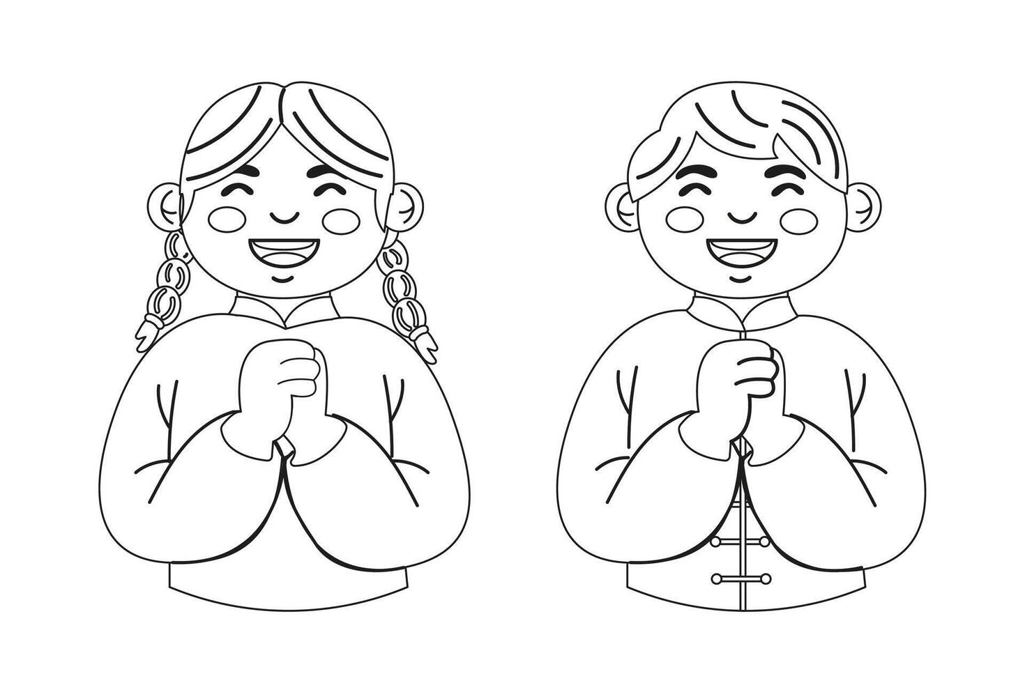 Smiling Chinese outline coloring children for Chinese New Year vector