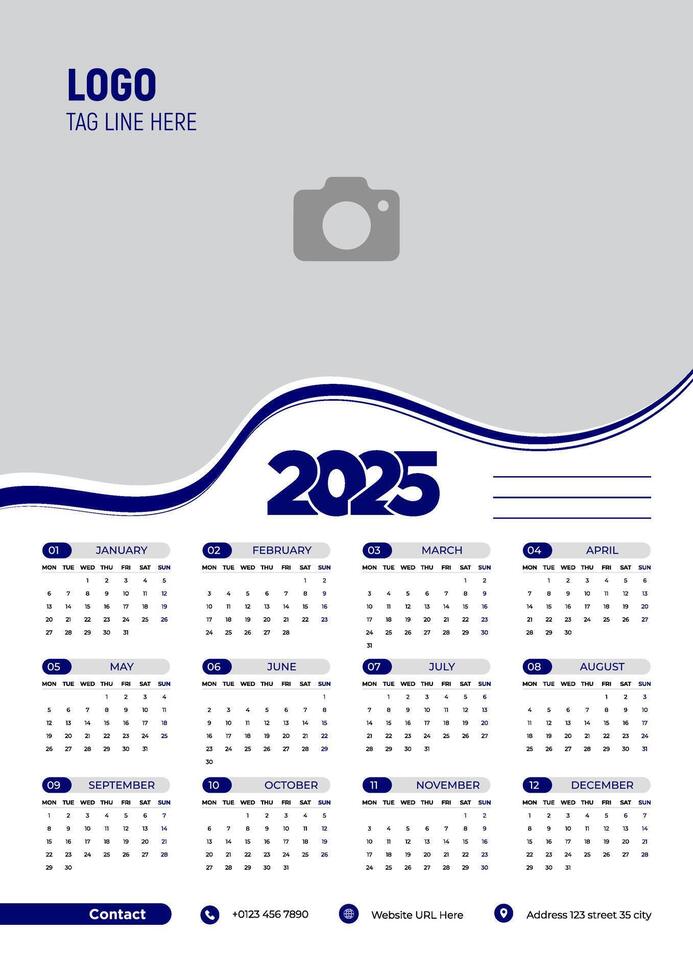 Abstract 2025 Wall Calendar Beautiful Design Template, Weeks starts on Monday. vector