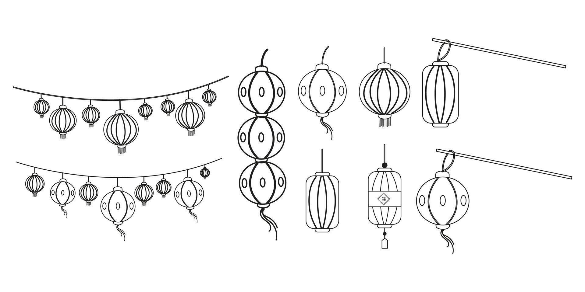 Collection of different outline chinese lanterns flat style vector