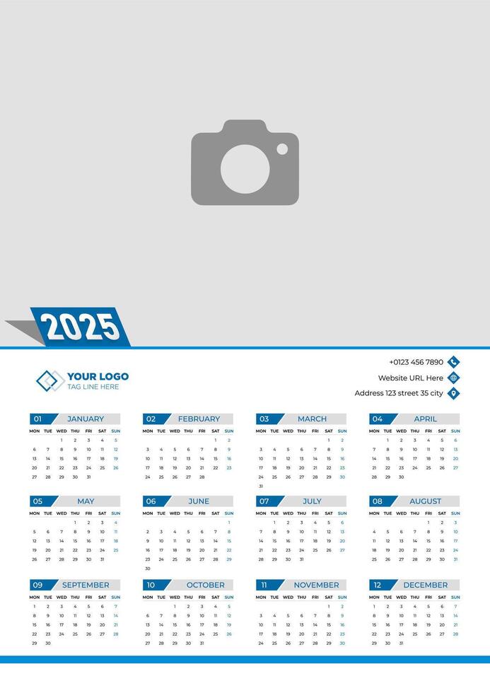 Beautiful Wall Calendar Design 2025 Template, Weeks starts on Monday. It is best for business, office, and social media purposes. Easy to replace image option. vector