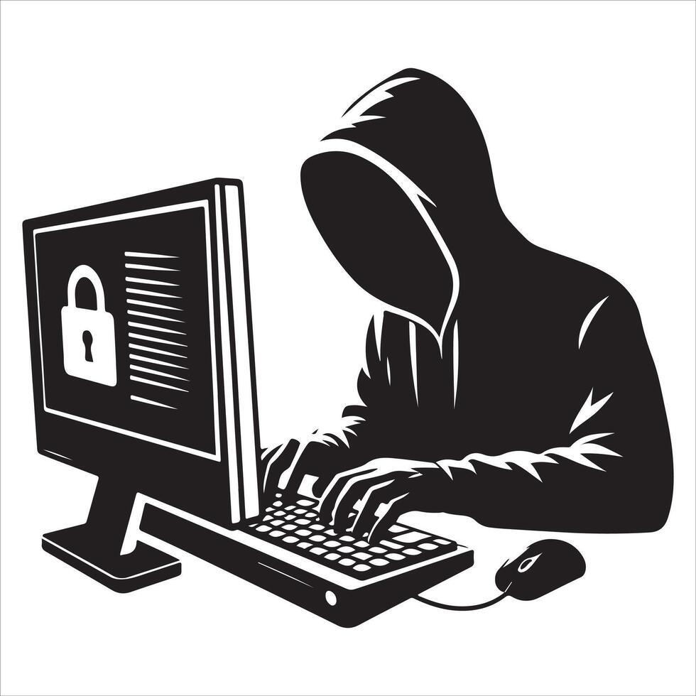 computadora pirata informático, computadora hacker , computadora hacker silueta ilustración vector